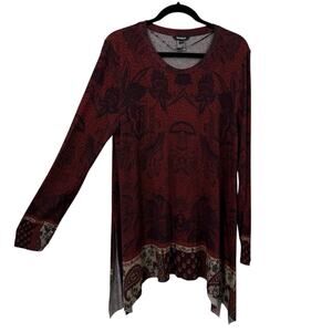 Desigual Tunic Top XXL Burgundy Floral Long Sleeve Asymmetrical Hem Boho Artsy